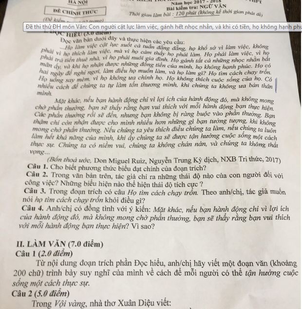 Đề thi thử m&ocirc;n Ngữ Văn 2019 do Sở GD$ĐT ra