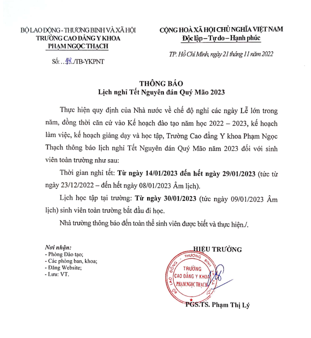 Trường Cao Đẳng Y Khoa Phạm Ngọc Thạch th&ocirc;ng b&aacute;o nghỉ tết