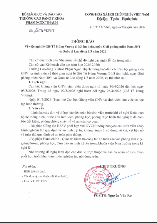 Thông báo lịch nghỉ lễ Giỗ Tổ Hùng Vương và dịp 30/4 – 01/5 năm 2026